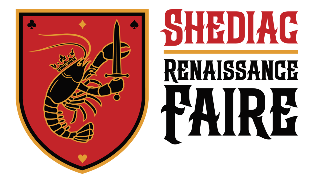 The logo for the Shediac Renaissance Faire is a shield featuring a lobster-king carrying a sword, in red, black and gold.
