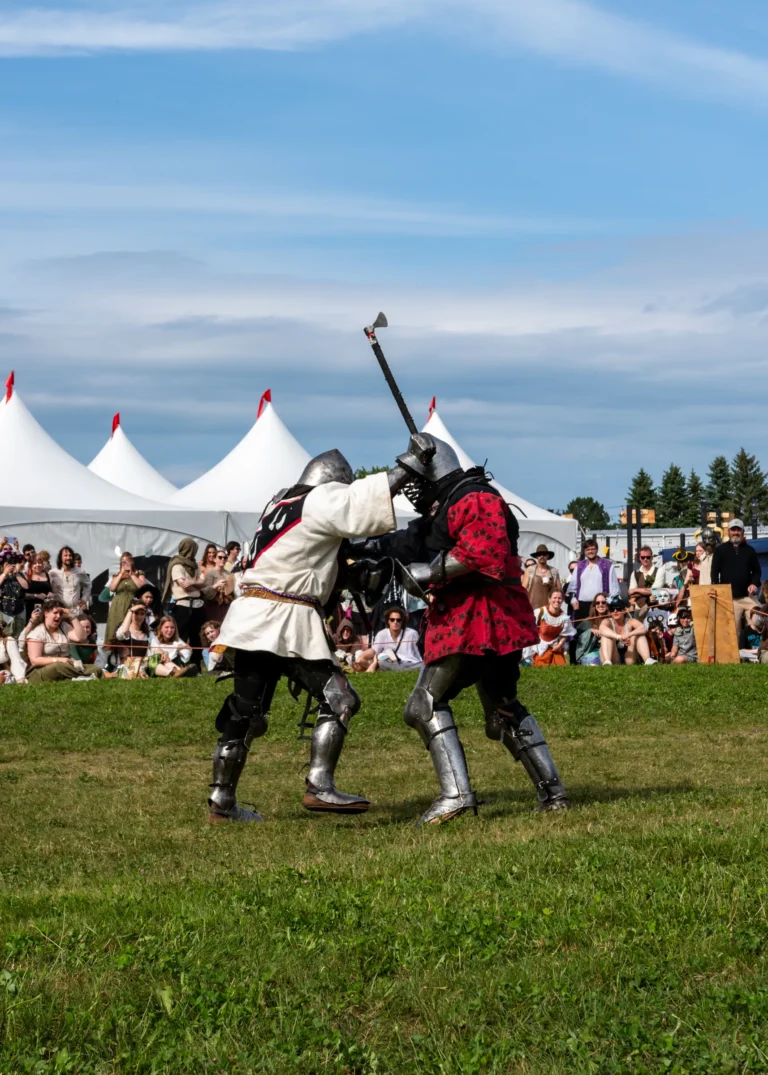 Two armoured fighters trade blows in front of the crowd