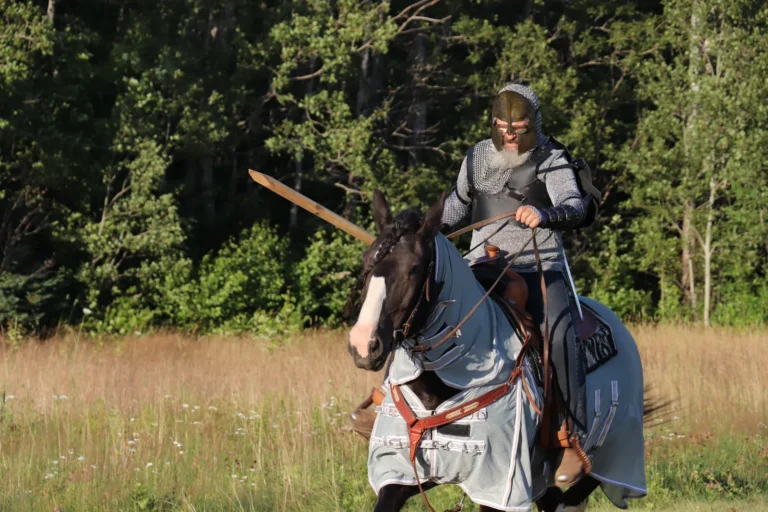 An armoured knight rides a caparisoned horse, sword raised, at the 2026 Shediac Renaissance Faire